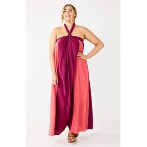 Nine West Halter Neck Colorblock Maxi Dress in Vintage Red Combo
